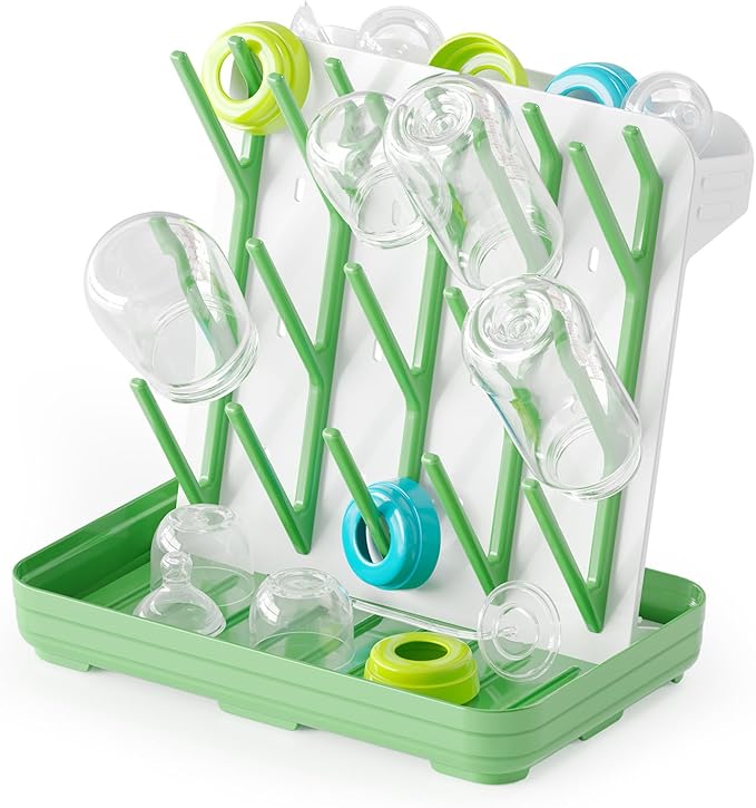 SpaceAid Baby Bottle Drying Rack with 20 Hooks, Space Saving Kitchen Bottles Rack Dryer, Vertical Baby Bottle Holder Organizer for Countertop Storage Accessories (White and Green)
