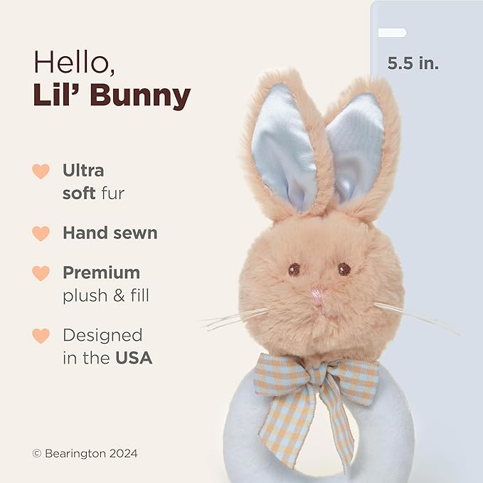 Bearington Collection Baby Lil' Bunny, 5.5 in Plush Bunny Rabbit Stuffed Animal, Soft Baby Rattles and Plush Rings Gift - Newborn Toy