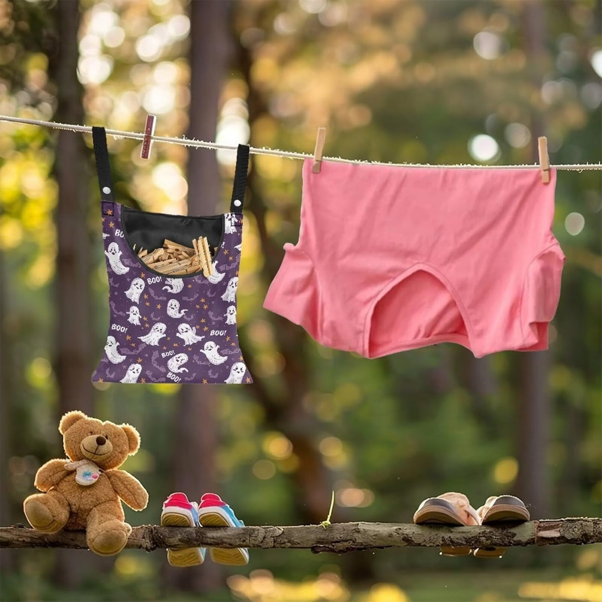 Cute Ghost Clothespin Storage Hanger Bags Laundry Clothespin Bag with a Large Opening, Hanging Storage Organizer with Hanging Rope for Home Outdoor Waterproof Clothespin Storage