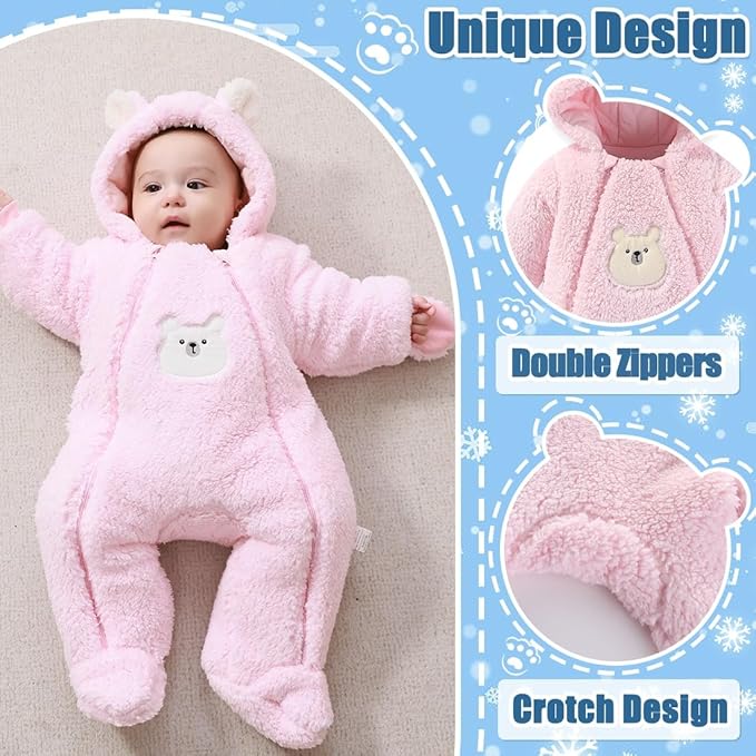 Fairy Baby Newborn Baby Winter Snowsuit Bear Thick Romper Footie Double Zip Hooded Jumpsuit Fleece Coat Infant Boy Girl 0-12M
