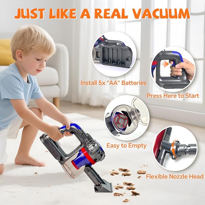 3-in-1 Kids Vacuum That Really Works - Toddler Vacuum Cleaning Toy Set, Kids Working Play Vacuum Cleaner with Real Suction, Montessori Housekeeping Toy for Toddlers 3 4 5 6+