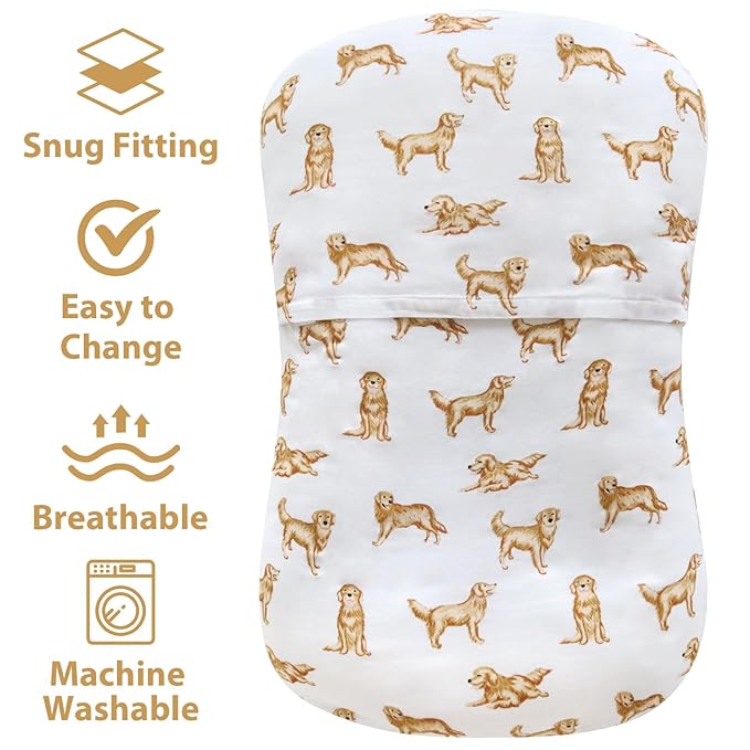 LifeTree Muslin Baby Lounger Cover, Newborn Slipcover Lounger Cover for Boys Girls Infant, Soft 70% Viscose from Bamboo and 30% Cotton, 1 Pack Cover Only, GoldenRetriever Pattern