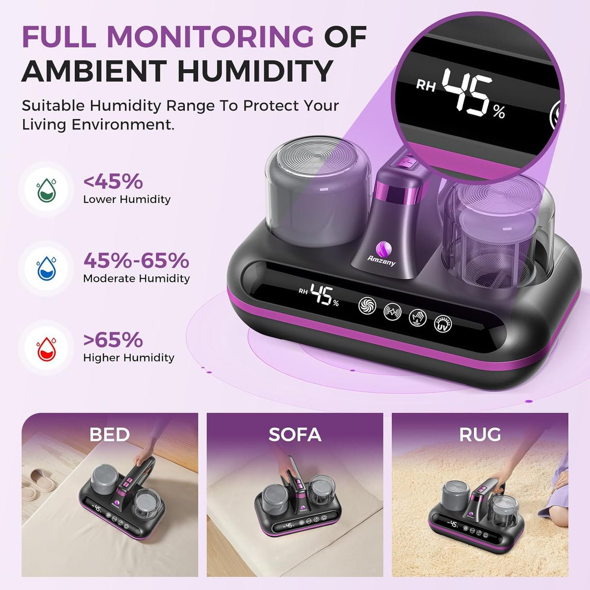 Mattress Vacuum Cleaner - 5-in-1 Cordless Bed Vacuum Cleaner, Powered by Ultrasonic Technology, 16Kpa Strong Suction,Low Noise,Suitable for Dust, Pet Hair, Etc - Grey