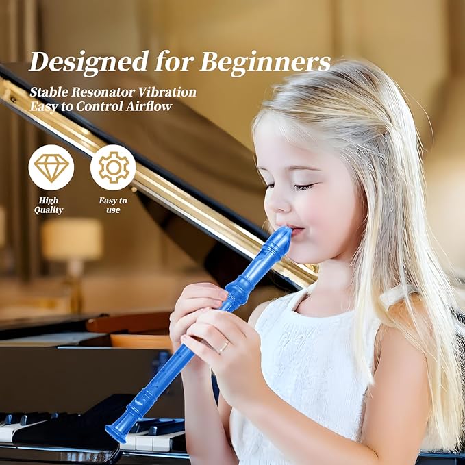 Soprano Recorder for Kids Beginners, German Fingering, C Key, 3 Piece with Cleaning Rod, Bag, Fingering Chart (Crystal Blue)…