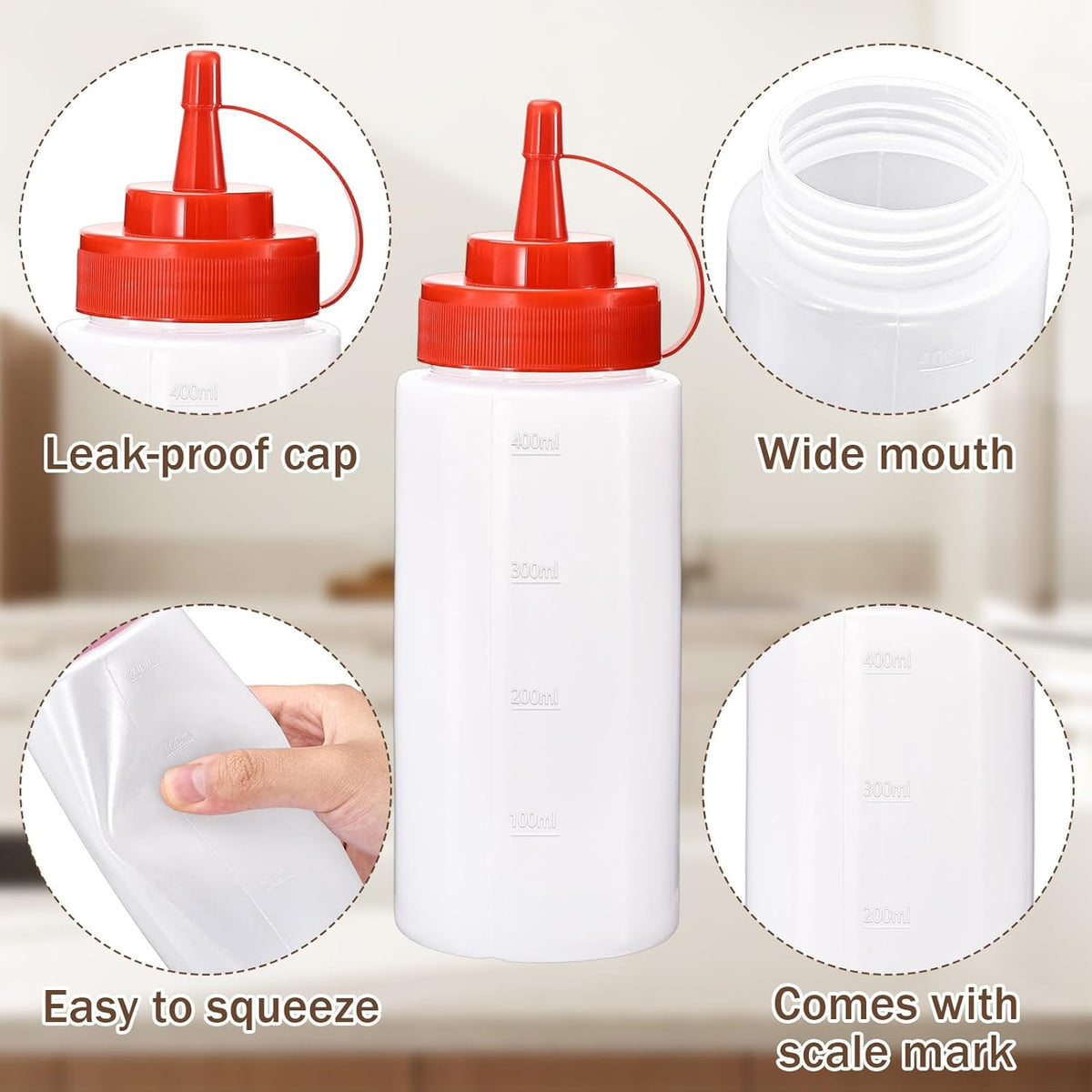 Condiment Squeeze Bottles Ketchup Dispenser, 4 Pack 16oz Squeeze Bottles for Liquids, Plastic Sauce Bottle with Cap Lid, Squirt Bottles for Sauces Liquids BBQ Dressing Pancake Art