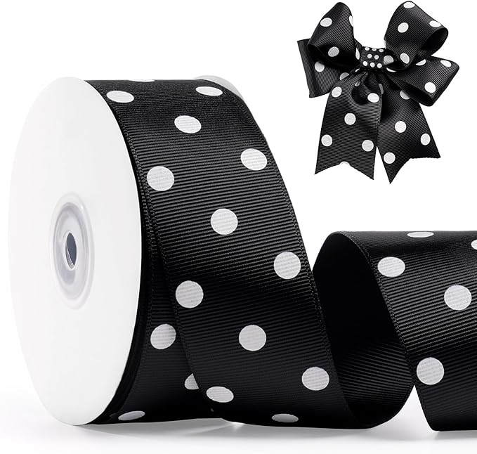 Polka Dot Grosgrain Ribbon 1.5 Inch, 25 Yards Spool Black and White Dot Craft Ribbon for Christmas Gift Wrapping DIY Crafts Hair Bows Wedding Party Decor Sewing and Home Decoration