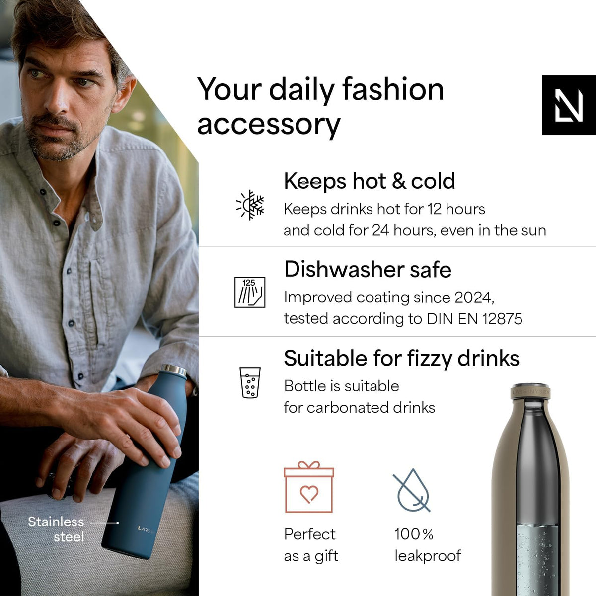 LARS NYSØM Stainless Steel Insulated XL Water Bottle 12oz 17oz 25oz 34oz 51oz | Insulated Thermo Flask for Hot and Cold Beverages | Leakproof Drinking Bottle (Taupe Brown, 50.7 oz)