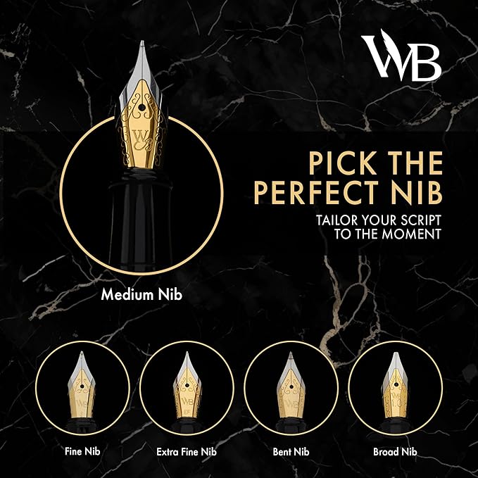 Wordsworth & Black Fountain Pen Set, 18K Gilded Medium Nib, Includes 24 Pack Ink Cartridges, Ink Refill Converter & Gift Box, Gold Finish, Calligraphy, [Black Rose Gold], Perfect for Men & Women