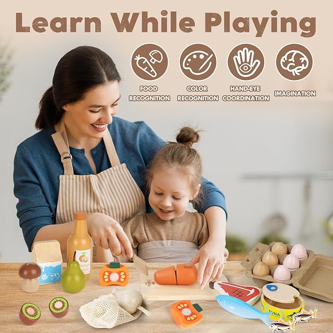 Lehoo Castle Wooden Play Food Sets for Kids Kitchen, Food Toys for Toddlers 3+ Year Old, Pretend Food Play Kitchen Accessories, Cutting Fruits Vegetables Toys, Gift for Boys Girls