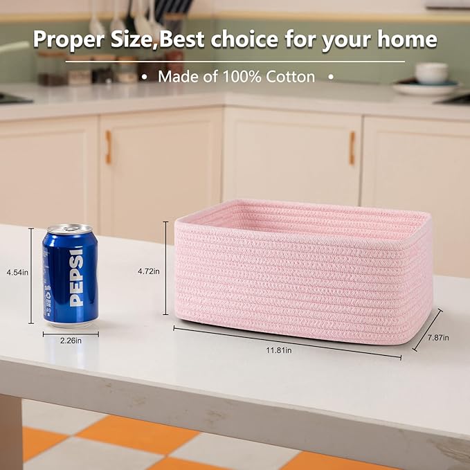 4 Pack Small Storage Shelf Baskets for Organizing, Mini Woven Rope Storage Bins for Towels, Cute Decorative Closet Organizer，Baby Nursery, Gift Empty Baskets -11.81''Lx7.87''Wx4.72''H-Pink
