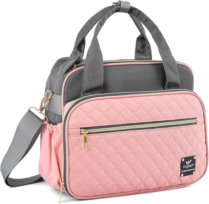 Crossbody Small Diaper Bag, Cute Mini Baby Diaper Tote Bags with Insulated Pockets for Traveling Outdoor Parent, Pink & Gray