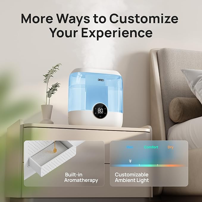 Dreo Smart Humidifiers for Bedroom, 6L Top Fill Supersized Cool Mist Humidifier for Large Room, 60 Hour Runtime, Quiet Ultrasonic Humidifiers for Plants, Baby, Indoor, Home, Night Light, Blue