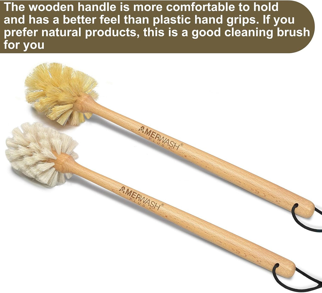 Bottle Brushes with Natural Bristles, 13-3/4 Inch Long Wood Handle Bottle Brush Cleans and Scrubs Wide Mouth Jars, Glasses, Vases, Mugs and Pitchers, Sisal + Horsehair Bristles 2 Pack