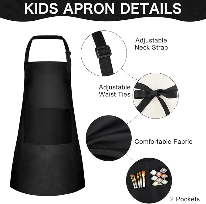 PLULON 4 Pcs Kids Apron with Pocket Adjustable Kids Chef Apron Set for Painting Cooking Baking Grilling Crafting (Black)