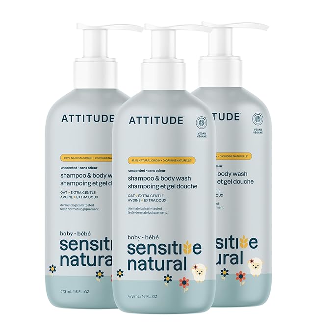 ATTITUDE 2-in-1 Shampoo and Body Wash for Baby, EWG Verified, Plant- and Mineral-Based Ingredients, Vegan Products for Sensitive Skin, Unscented, 16 Fl Oz (Pack of 3)