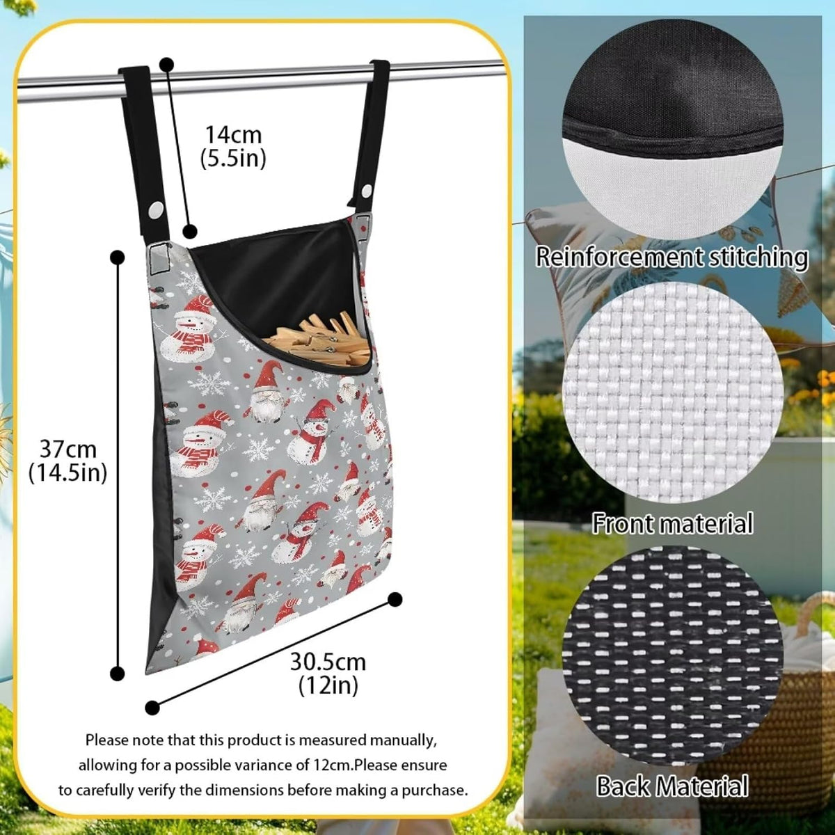Cute Snowman Large Capacity 14.5 x 12 Inch Clothespin Bag with Hanging Hook Waterproof Clothes Pin Hanging Bag Clothespin Storage Organizer with Large Opening