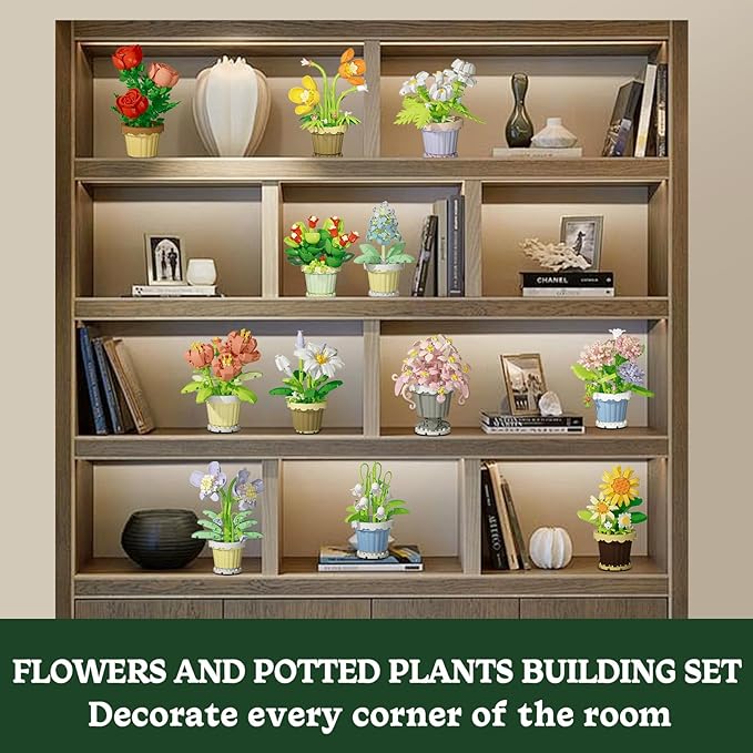 12 Pcs Flowers Bouquet Building Set,2531 Pcs Flower Botanical Collection Building Block Toy,Micro Plant for Home or Office Decor, Mother's Day Valentine Christmas Birthday Gifts for Adults,Girls