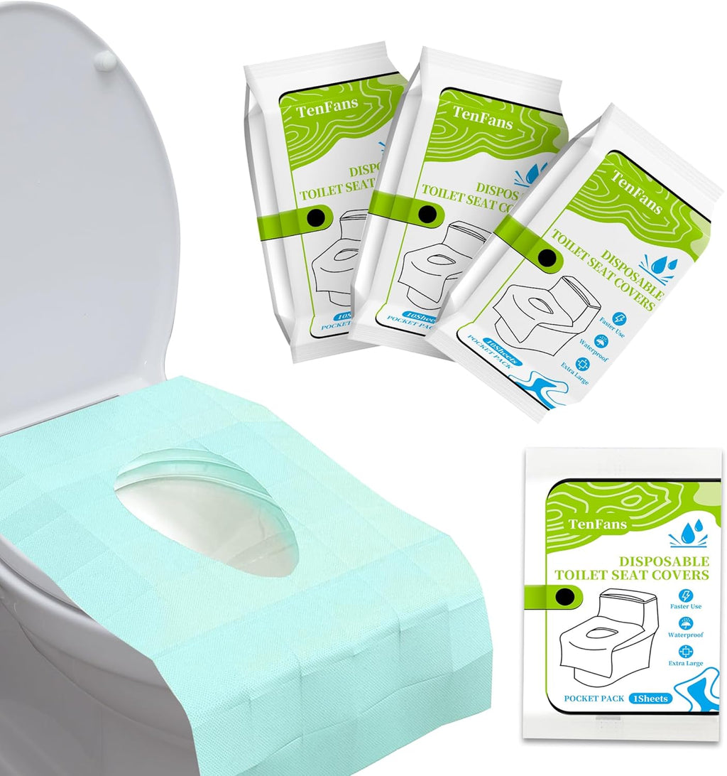 TenFans Toilet Seat Covers Disposable - 30 Count Individually Travel Pack - Sticker Free Faster Use - Waterproof XL Covers for Adults and Kids - Travel Accessories Public Restrooms, Camping, Airplane