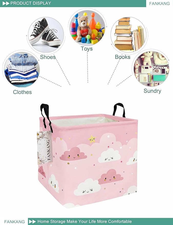FANKANG Square Nursery Hamper Storage Bins Canvas Laundry Basket Foldable with Waterproof PE Coating Storage Baskets Gift Baskets for Children, Office, Bedroom, Clothes（Square-pink cloud ）