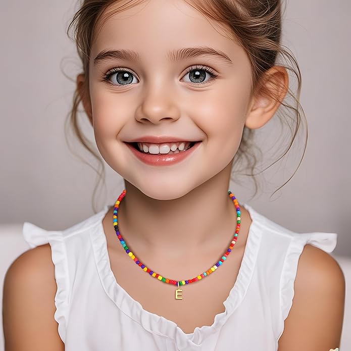 Colorful Initial Necklaces for Girls Kids Women, Cute Beaded Initial Necklace Teen Girl Gifts Trendy Stuff, Bohemian Letter Necklace Birthday Gifts for Women Girls Jewelry