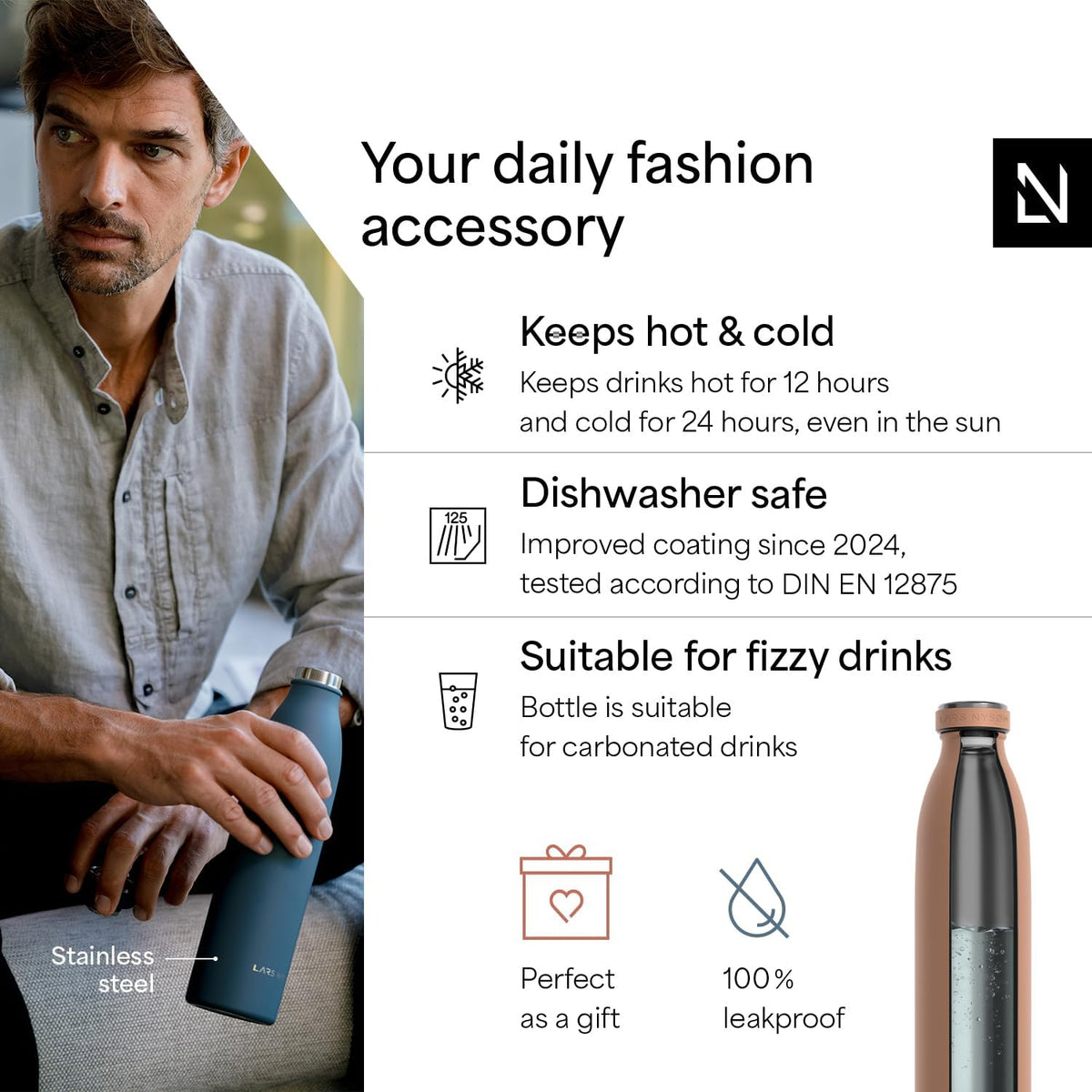 LARS NYSØM Stainless Steel Insulated Water Bottle 12oz 17oz 25oz 34oz 51oz | Insulated Thermo Flask for Hot and Cold Beverages | Leakproof Drinking Bottle (Blush Rose, 25.4oz)
