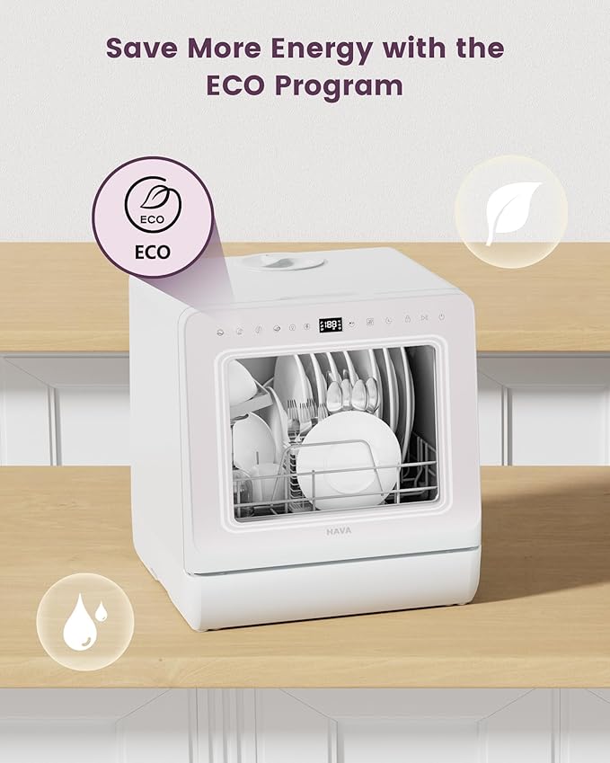 HAVA Countertop Dishwasher with Water Softener and Enhanced Energy Efficiency, Portable Dishwasher with 8 Wash Programs, Child Lock & Delayed Start Function, No Installation Needed - Misty Lilac