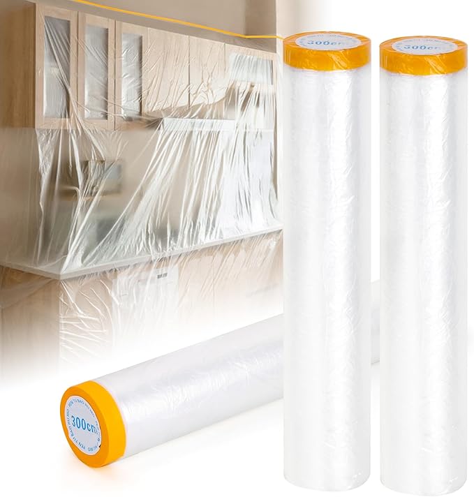 Pre-Taped Masking Film 3 Pack Each 118in x 65 feet Rolls, Tape and Drape, Painters Plastic Sheeting Drop Cloth for Automotive Painting Covering, House Decoration Furniture Floor Dustproof Cover
