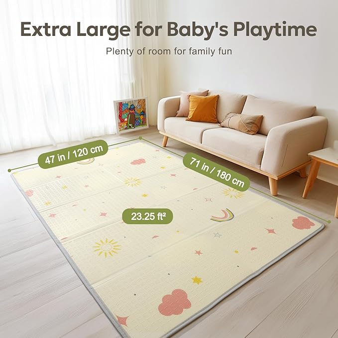 Extra Large Foldable Play Mat, Reversible Baby Play Mat with Edge Reinforcement, Non-Toxic & Waterproof Baby Mat for Floor, Foam Playmat for Infants Toddlers, Rainbow, Cloud & Moon, 47''x71''