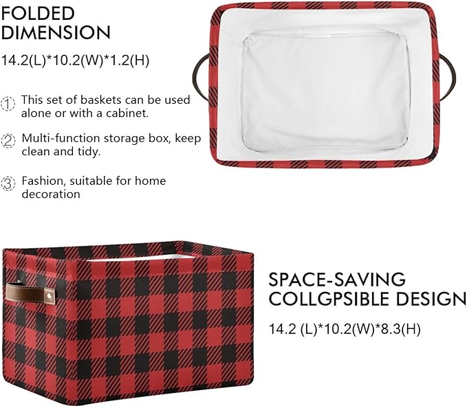 Red and Black Buffalo Plaid Storage Basket Cube Storage Bins Organizer Bag Collapsible Closet Shelf Baskets with handle for Baby Cloth Pet Toy Book 14.2×10.2×8.3 IN