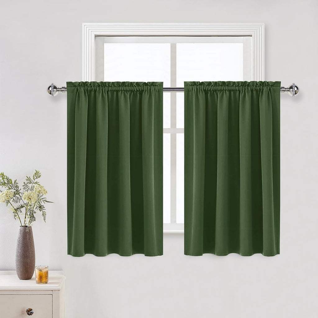 DWCN Blackout Curtains for Living Room Thermal Insulated, Energy Saving & Noise Reducing Bedroom Curtains, Olive Green, W 52x L 36 Inch, Set of 2 Rod Pocket Curtain Panels