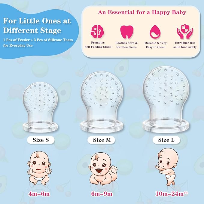 Baby Fruit Feeder, Frozen Teething Toys for Babies, Teether Pacifier with 3 Extra Teats, Eating Essentials, BPA Free Baby Feeding Supplies (Lavender)