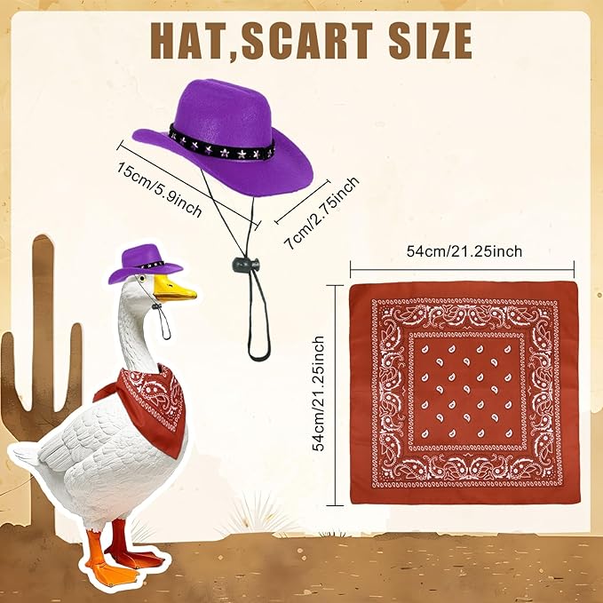 Porch Goose Outfits Halloween Western Cowboy Style, Lawn Cement Goose Clothes Outfits for Cement Goose Includes Adjustable Cowboy Hat and Scarf for 23/17″ Outdoor Statue(Purple)