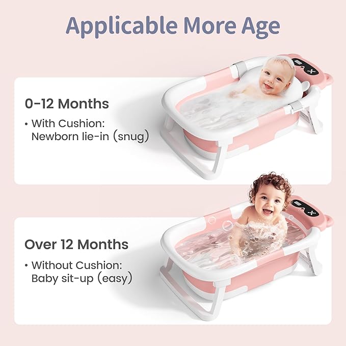 Collapsible Baby Bathtub for Newborn to Toddler (0-18 Month) - Portable Baby Bath Tub for Travel, Newborn Bathtub with Soft Towel and Floating Cushion (Pink)