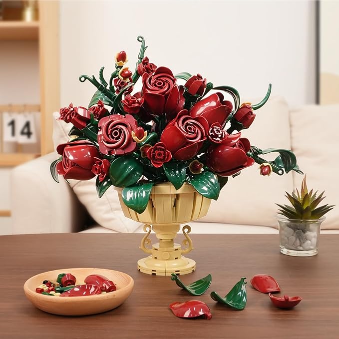 Rose Flower Building Set, 969 PCS Botanicals Flowers Bouquet Building Block Kit with Pot, Artificial Bonsai Plant Collection Office Home Decor, Birthday Gift for Adults Women Boys Girls 12+