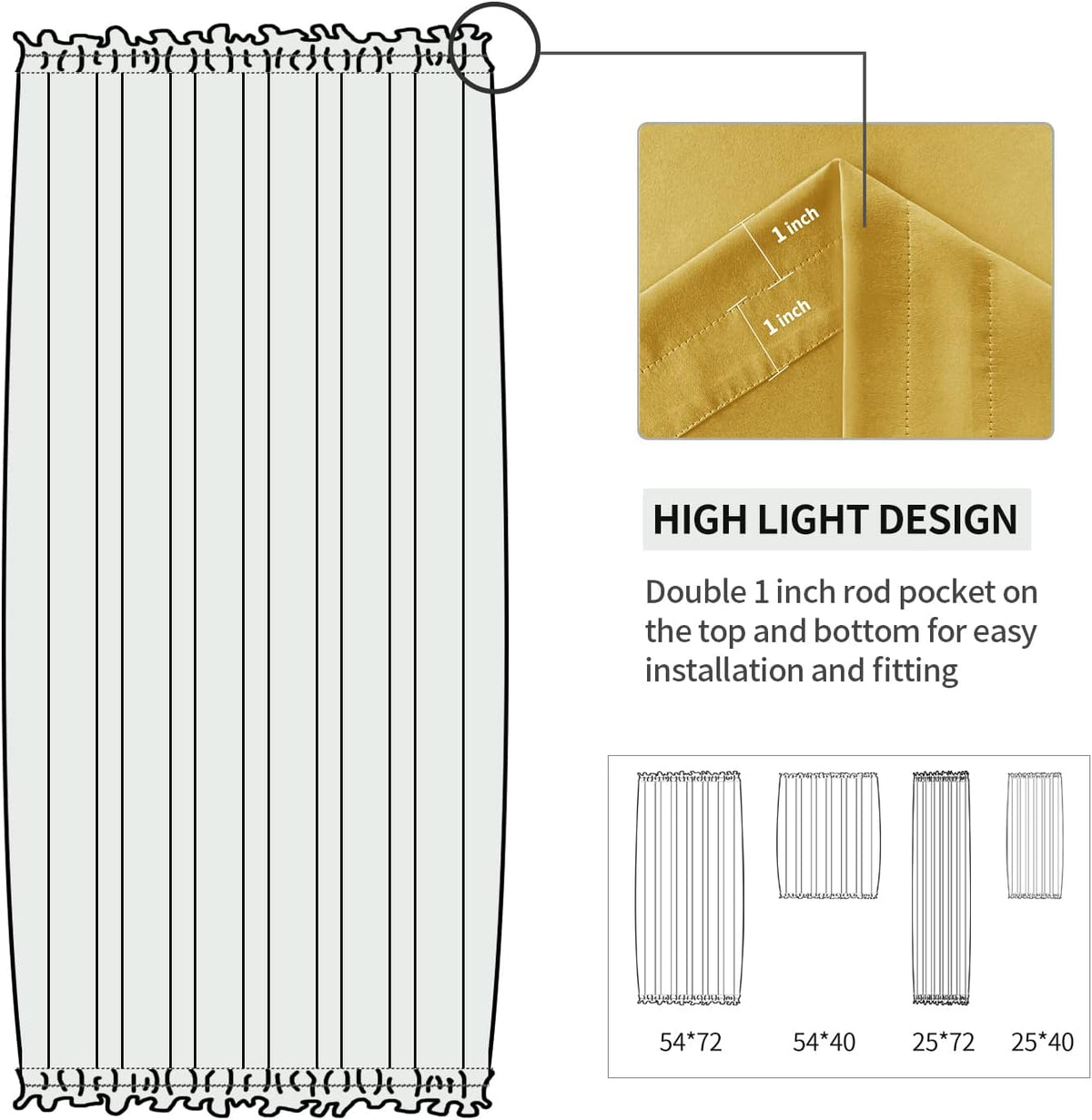 DWCN French Door Curtains – Rod Pocket Thermal Blackout Curtain for Window/Patio Doors/Doorways/Classroom/Kitchen for Privacy, 23W by 72L Inches, 1 Panel with Tieback, Yellow