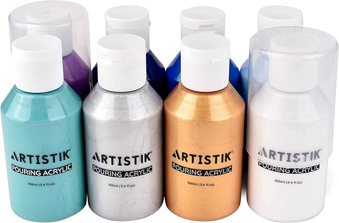 ARTISTIK Acrylic Pouring Paints - 8 x 100ml Paint Colour Set with 2 Mixing Cups - Paint Bottles for Art Supplies, Canvas, Glass, Paper, Wood, Stone, Tile