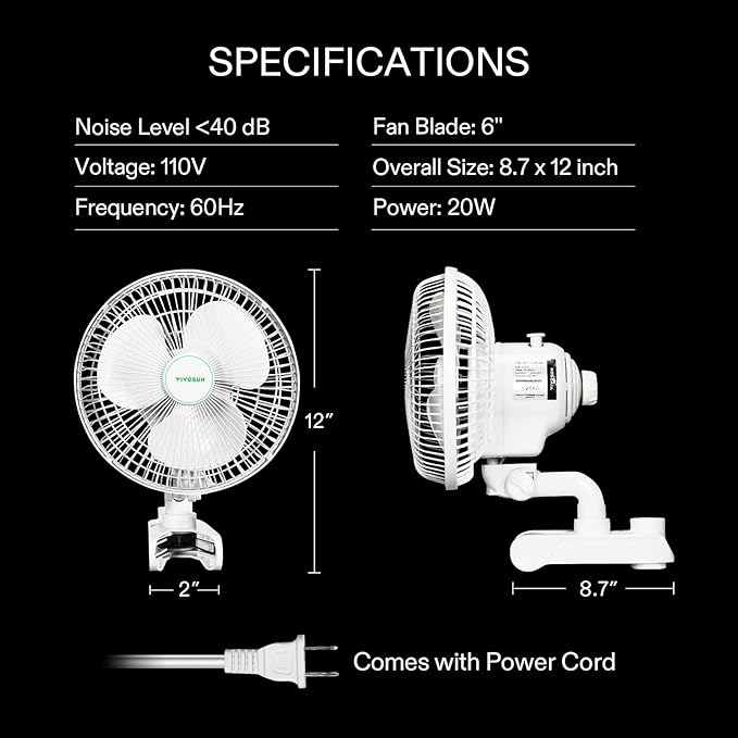 VIVOSUN AeroWave A6 Grow Tent Clip Fan, Patented Portable Auto Oscillating Fan 6” with 2-Speed, Strong Airflow but Low Noise, and Fully-Adjustable Tilt for Hydroponic Ventilation, White, 1-Pack