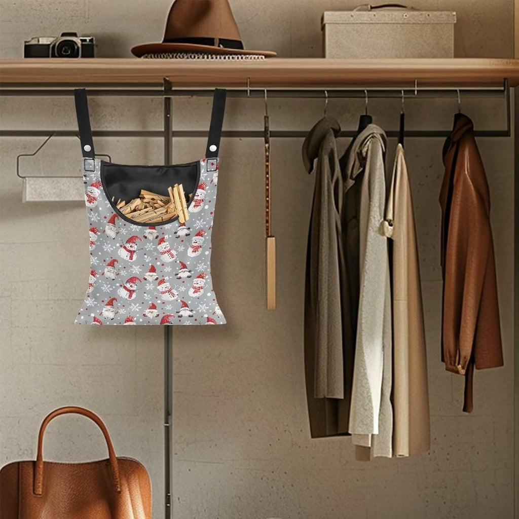 Cute Snowman Large Capacity 14.5 x 12 Inch Clothespin Bag with Hanging Hook Waterproof Clothes Pin Hanging Bag Clothespin Storage Organizer with Large Opening