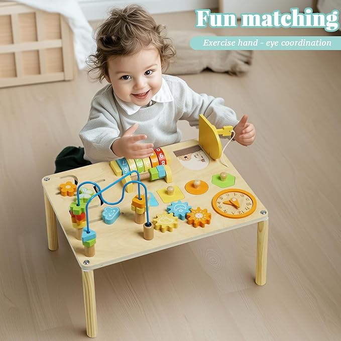 Activity Table for 1+ Year Old, 8-in-1 Wooden Montessori Activity Center Table with Shape Sorter Math Game Bead Maze, Baby Sensory Toy Learning Toys for Toddler First Birthday Gift