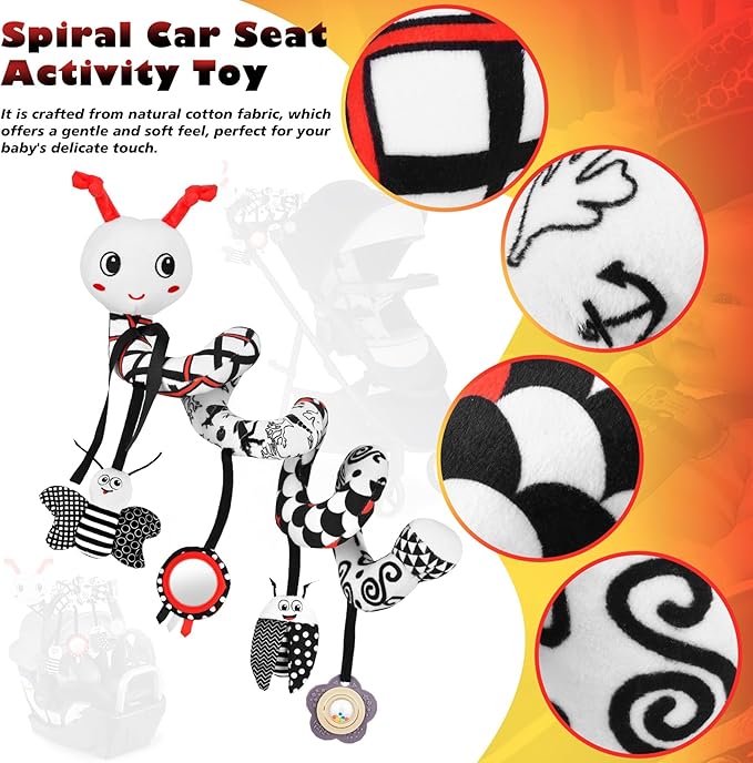 Car Seat Toys for Babies, 0-6 Months Stroller Activity Black White Baby Spiral Plush Toys Newborn High Contrast Sensory Carseat Toys with 4 Pendants Hanging Boys Girls Gift