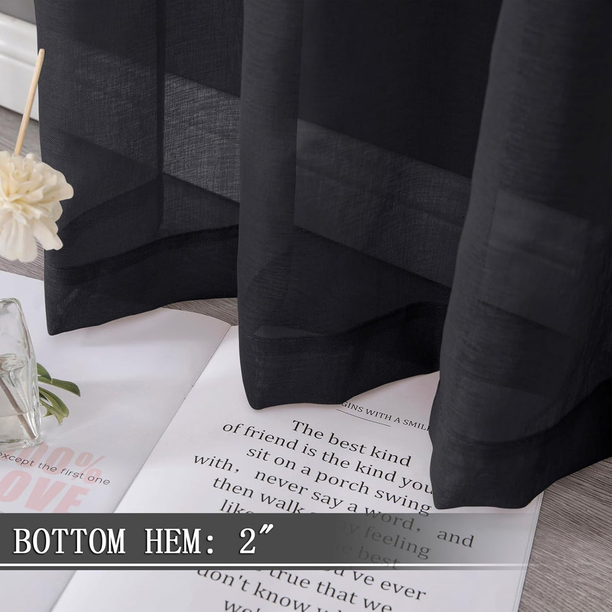 Tollpiz Sheer Curtains Bedroom Linen Textured Curtain Sheers Light Filtering Voile Rod Pocket Curtains for Living Room, 38 x 84 inches Long, Black, Set of 2 Panels