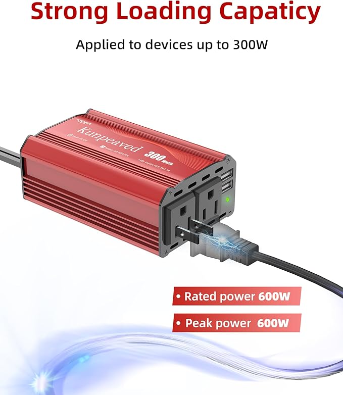 Power Inverter, Kunpeaved 300W Car Inverter DC 12V to 110V Charger Converter with Dual USB Ports and 2 AC Outlets for Air Compressor Laptops(Red)