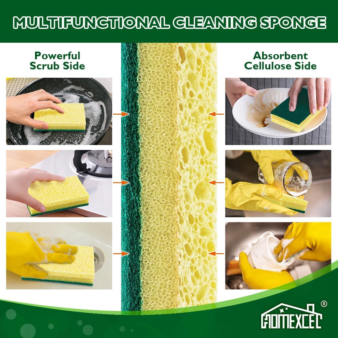 HOMEXCEL Sponges Kitchen 24pcs, Heavy Duty Sponges for Dishes, Scrub Cleaning Sponge for Non-Coated Cookware, Dishes, Pots, Pans, Dual Sided Dish Sponge for Kitchen, Household, Bathroom and More