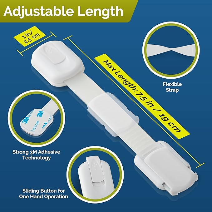 Child Safety Strap Locks (10 Pack) Baby Locks for Cabinets and Drawers, Toilet, Fridge & More. 3M Adhesive Pads. Easy Installation, No Drilling Required, White