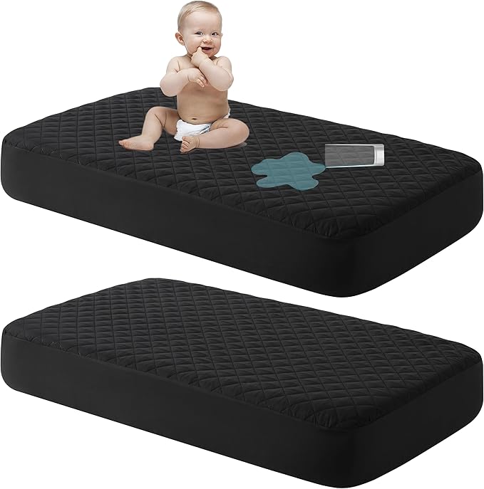 NTBAY 2 Pack Waterproof Mini Crib Mattress Protector, Quilted 24"x38" Fitted Mattress Cover - Machine Washable - Soft and Breathable Baby Mattress Pad Sheet for Mini Crib and Baby Playards, Black
