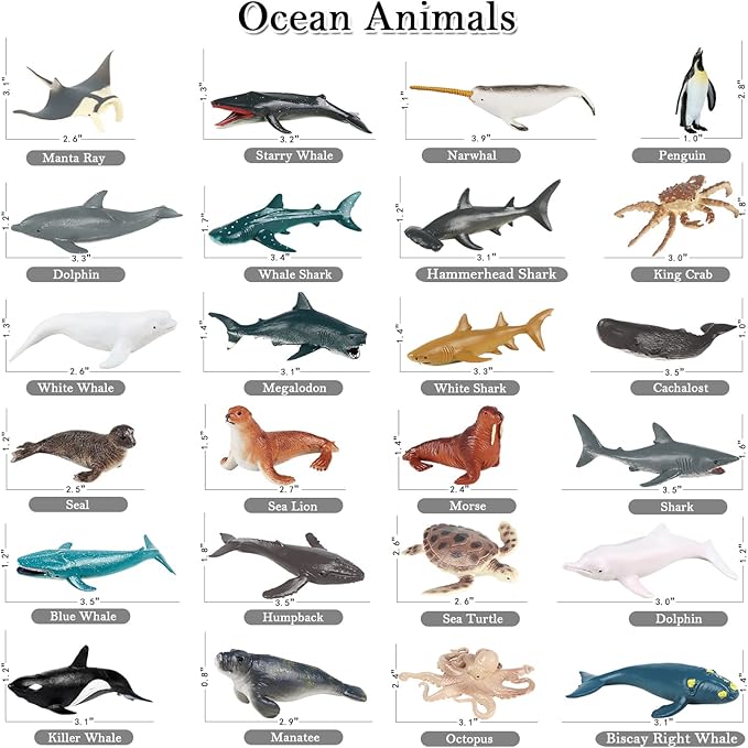 24PCS Mini Ocean Animal Figurines - Realistic Sea Creatures Toy Figures with Sharks, Whales & Walrus - Under The Sea Life Figure for Party Decoration, Easter Egg Filler & School Project