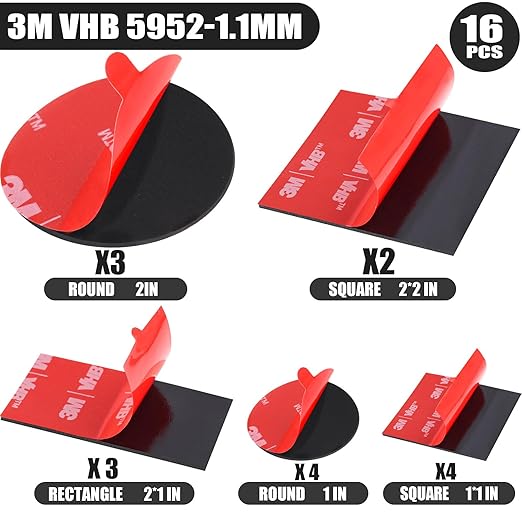 16 Pack 3M VHB 5952 Foam Tape, Double-Sided Heavy Duty Mounting Tape – 1 Inch & 2 Inch, Square, Rectangle & Round Shapes, Waterproof & Heat Resistant, for Car, Home Decor & Outdoor Use