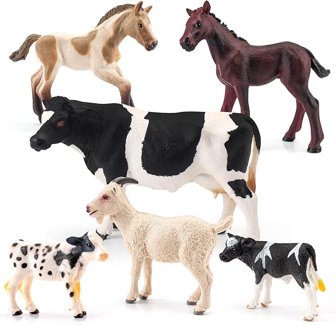 LC JoyCre Realistic Horses Cows Sheep Toys 6PCS Playset Cows Figurine for Toddlers Goat Figure Arab Foal Model Decoration for Birthday Party Collection for Kids