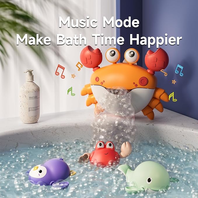 TUMAMA Baby Bath Toy,Bath Bubble Maker Machine with Music,3 Bathtub Wind-Up Toys,Crab Shower Water Toy for Toddlers Kids Boys Grils (Orange)