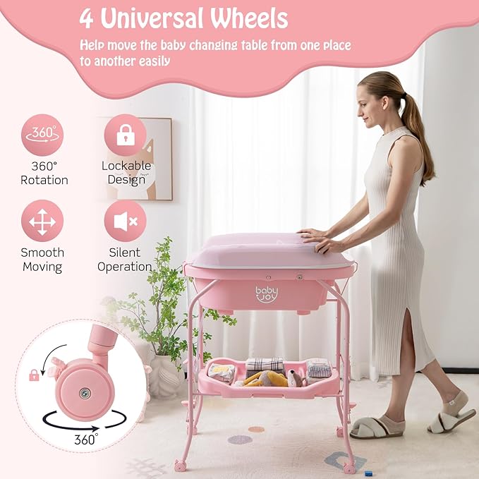 BABY JOY Baby Bathtub with Changing Table, Foldable Infant Diaper Changing Station with Storage Tray, Waterproof Pad, Portable Newborn Nursery Organizer Bath Stand with 4 Universal Wheels (Pink)